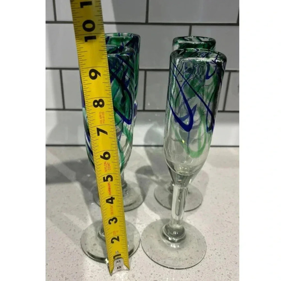 Vintage Set of 4 Handblown Turquoise Waves Champagne Flutes Glass Clear Sz 10x2 - Picture 3 of 9